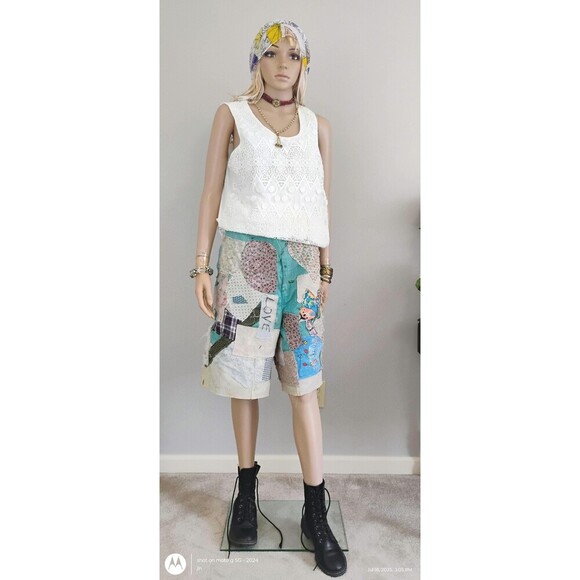 Custom Shorts OOAK Patched Appliques Faded tea dyed Oversized Grungy Miner - Picture 1 of 10